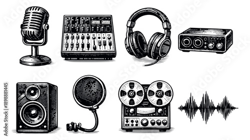 Hand drawn line art audio recording equipment set featuring a vintage microphone, mixer, headphones, and sound wave for music production