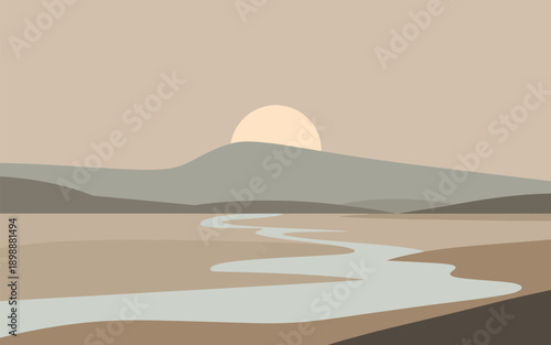 Landscape poster, s-shape river curve in brown sand foreground view art