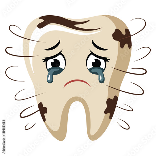 Illustration of hand drawn dirty tooth crying representing dental hygiene issues suitable for oral care education dentist clinic and health awareness visuals