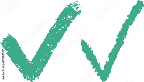 Two distinct, rough, teal-colored checkmarks, hand-drawn in a grunge artistic style