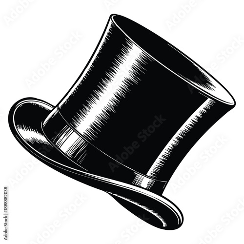 Ink sketch top hat illustration with silhouette draft style black on white line art gentleman vintage etching design concept