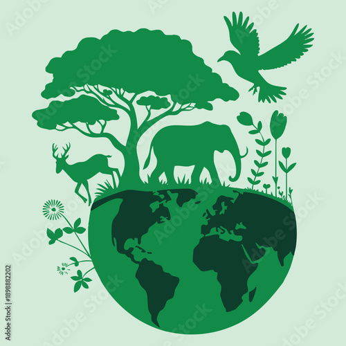 International Day for Biological Diversity vector poster May 22 featuring green planet Earth with fauna flora wild animals silhouette icon important day design