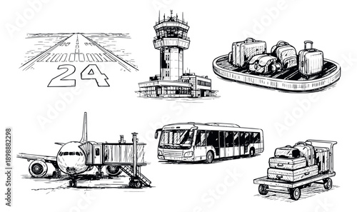 Hand drawn line art airport set featuring an air traffic control tower, runway, airplane, airport bus, and baggage handling equipment for aviation and travel