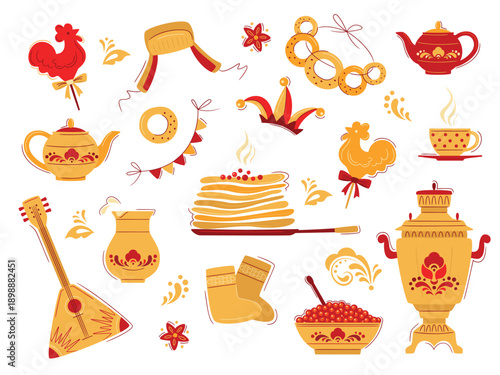 Vector set on the theme of the Russian holiday Carnival. Russian translation Shrovetide or Maslenitsa. Slavic style collection in red and yellow tones