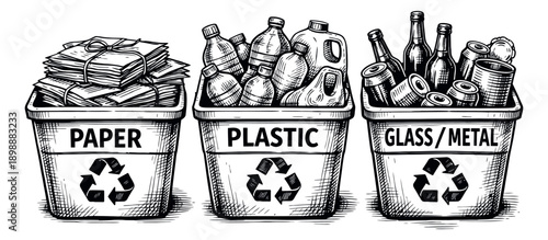 Hand drawn line art waste sorting bins set featuring paper, plastic, glass, and metal items for environmental conservation