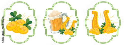 Set 3 St. Patrick’s Day illustration featuring a frothy beer mug, golden horseshoe, gold coins, and shamrocks. Perfect for party themes.
