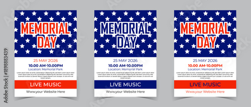 Memorial Day Event Flyer Template with American Flag Stars for Live Music and Celebrations