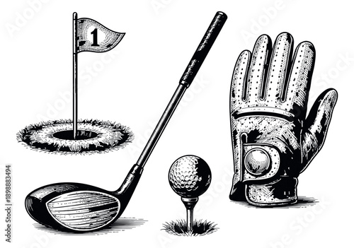 Hand drawn line art golf equipment set featuring a club, ball on a tee, glove, and flag for sports branding