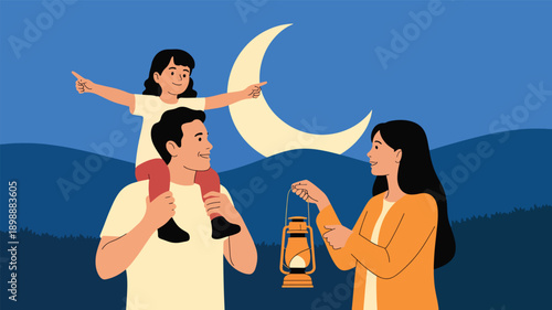Happy family enjoying moonlight night in mountains landscape with father carrying daughter on shoulders while mother holding traditional oil lantern