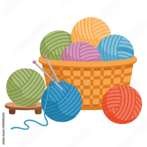 Knitting hobby concept shown as basket with yarn and knitting needles in hand drawn illustration ideal for craft handmade and creative activity designs