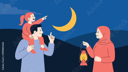 Muslim parents and little daughter in hijab looking at golden crescent moon at night for ramadan celebration with father carrying girl on shoulders