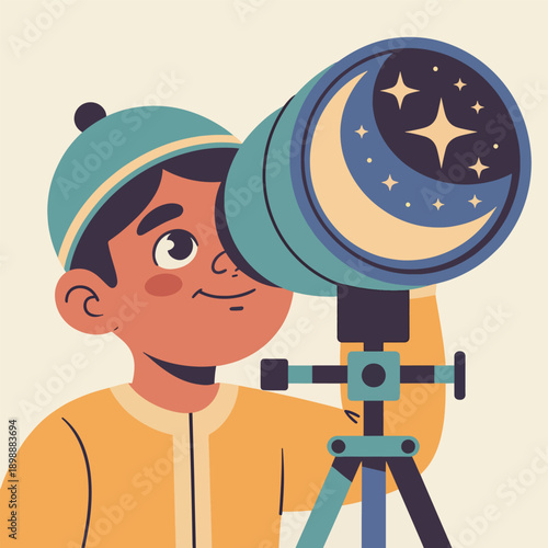 Young boy in a blue cap observing the night sky through a large blue telescope, revealing a crescent moon and twinkling stars