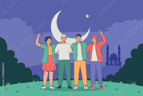 Group of friends celebrating under crescent moon and star with mosque in background at night