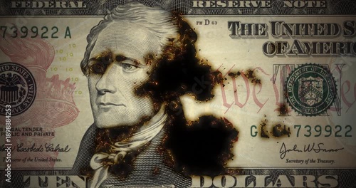 10 dollar bill with smoldering and slowly burning from the glowing edge, ten dollar banknote turning to ash with glowing embers, loop footage