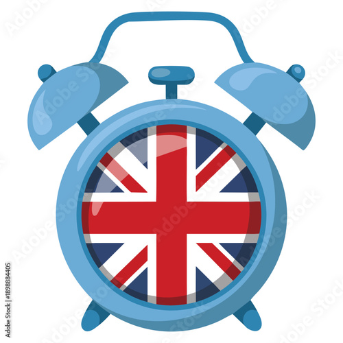 Lovely cartoon alarm clock with England flag on dial time to learn English illustration concept childish hand drawn clipart for studying foreign UK and USA language at university school courses