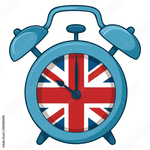 Lovely childish cartoon alarm clock with England flag dial learning English illustration concept hand drawn clipart for studying UK and USA language at school university and courses