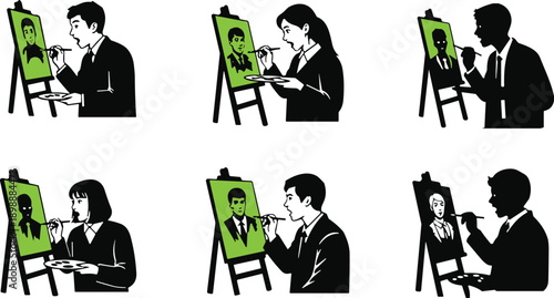 Artist portrait painting silhouette set showing creative process, studio artwork scenes, modern art concept, black vector illustration isolated background white