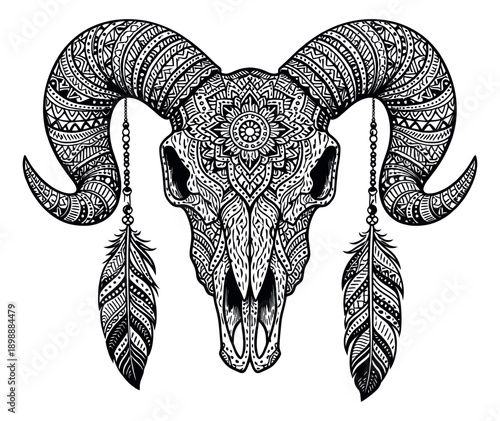 Decorative line art illustration of a ram skull depicting intricate patterns and feathers for bohemian or spiritual design