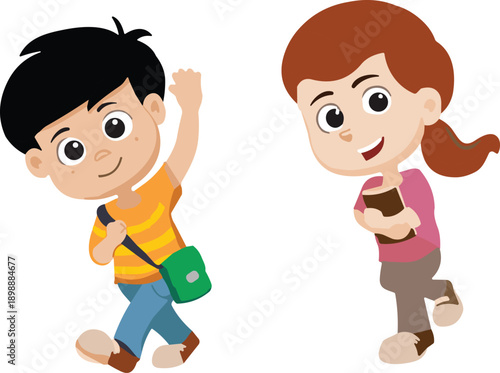 Cute cartoon children waving happily isolated on white background, playful kids illustration concept for childhood, education, animation, design, creativity