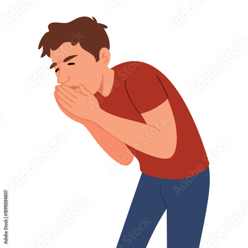 Man suffering from vomit and closing mouth in flat design nausea vomiting symptom medical illustration for illness awareness digestive health and healthcare education themes