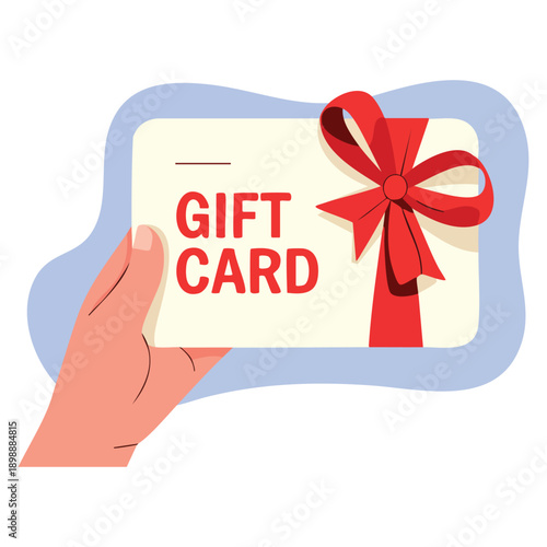 Marketing themed flat vector illustration featuring hand with gift card as character holding discount coupon or voucher for loyalty program special offer advertising and promotion of goods