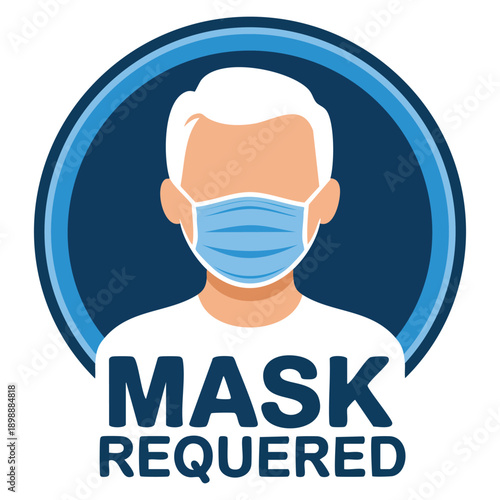Mask required safety warning sign with human face silhouette wearing protective mask in circular frame isolated vector information board