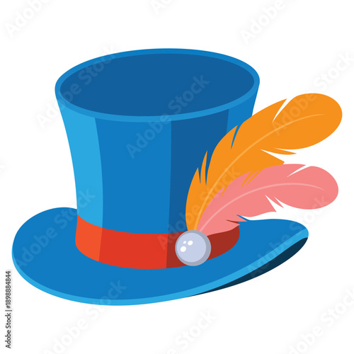 Masquerade accessory blue carnival cylinder hat decorated with colorful feathers isolated on white background suitable for costume party festival and creative fashion themed designs