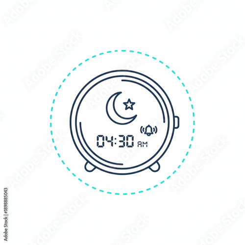 A digital watch face displays the time 04:30 AM with a crescent moon and star symbol
