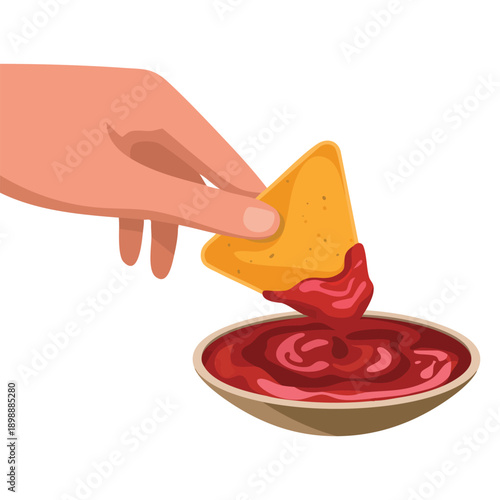 Mexican snack illustration showing womans hand with french manicure dipping nachos into glass gravy boat with salsa sauce food lifestyle concept