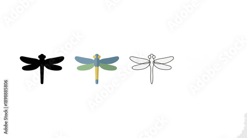  dragonfly icon , different style flat icon set. Line, solid and filled outline colorful icon , vector sign and symbol 