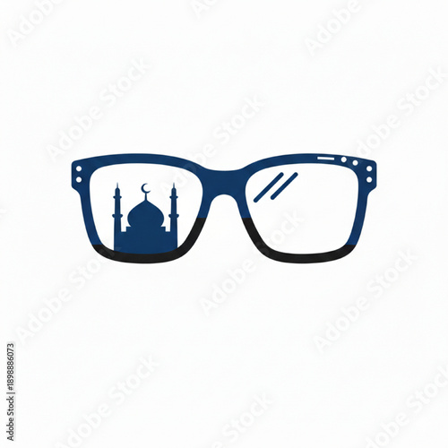 A pair of blue glasses with a mosque silhouette on the lens