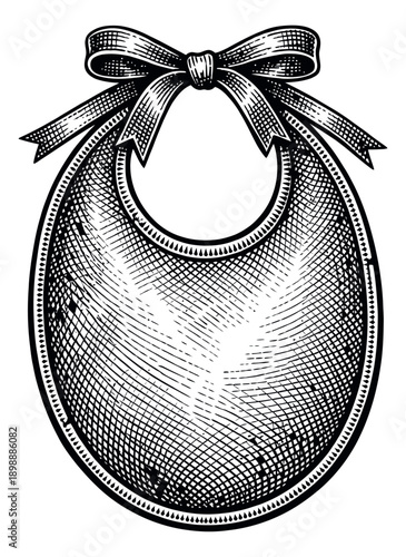 Vintage woodcut illustration of a baby bib depicting a bow for infant care
