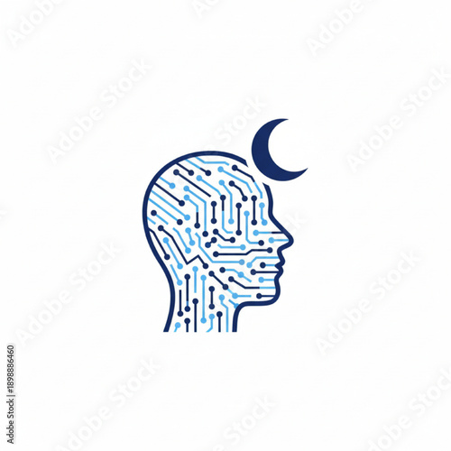 A futuristic illustration of a human head with a circuit board pattern and a crescent moon symbolizing technology and innovation