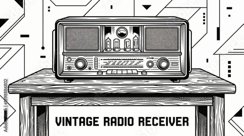 Vintage Radio Receiver Household Object Retro Black and White Background Vector Illustration