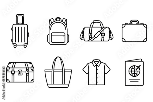Collection of travel and luggage icons in line art style, including suitcases, backpacks, duffel bags, passports, and clothing, for vacation and transport themes. Vector Icon Bundle
