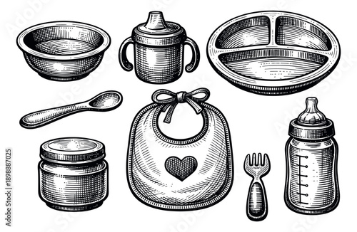 Vintage hand drawn line art baby feeding set featuring essential dishware and utensils for infant care