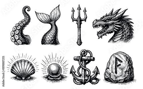 Hand drawn mythical and nautical elements set featuring a mermaid tail, dragon, octopus tentacle, trident, anchor, seashell, pearl, and rune stone for fantasy design