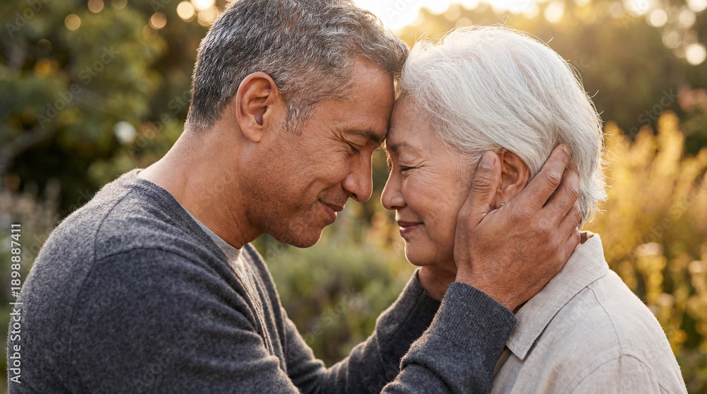 Fototapeta premium Affectionate senior couple with an Asian woman and mixed-race man touching foreheads in a sunlit garden.