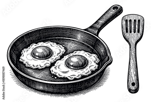 Hand drawn line art breakfast cooking set featuring fried eggs in a pan and a wooden spatula for culinary related projects