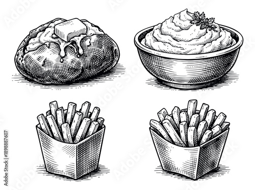 Hand drawn line art potato dishes set featuring baked potato, mashed potatoes and french fries for food menu design