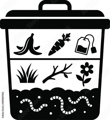 Compost bin with organic waste layers flat vector design
