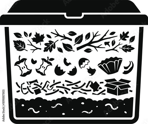Compost bin with organic waste layers flat vector design