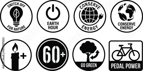 Sustainability sticker set with eco-friendly slogans and icons vector