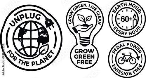 Sustainability sticker set with eco-friendly slogans and icons vector