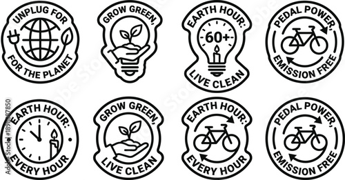 Sustainability sticker set with eco-friendly slogans and icons vector