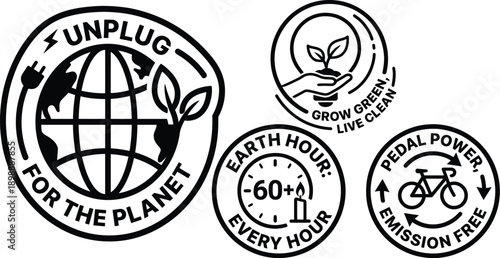 Sustainability sticker set with eco-friendly slogans and icons vector