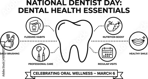 Dental care infographics showing tooth anatomy and hygiene steps