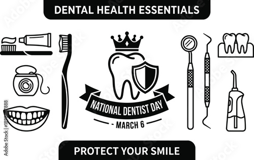 Dental care infographics showing tooth anatomy and hygiene steps