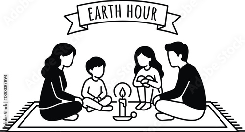 Family sitting in dark room by candlelight saving energy