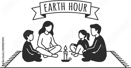 Family sitting in dark room by candlelight saving energy